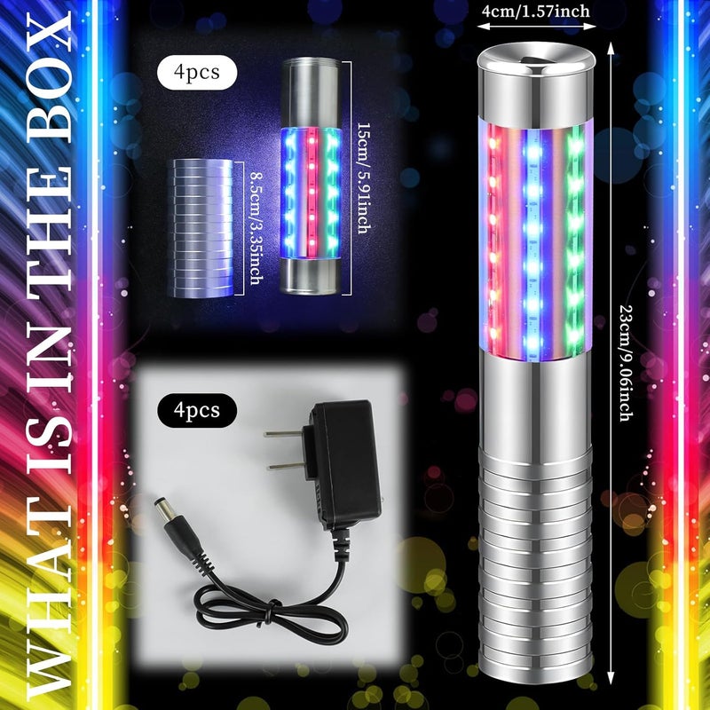 TTLYUGN 4 قطع ضوء باتون LED ستروب RGB قابل لإعادة الشحن لخدمة الزجاجات عصي الألعاب النارية القابلة لإعادة الاستخدام لزجاجة الشمبانيا محمولة لنوادي الليل الحفلات الحفلات الموسيقية الفعاليات البار في الهواء الطلق - فضي - Image 3